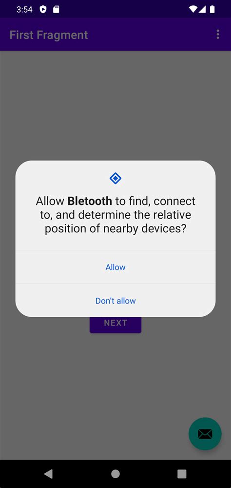 The Android Bluetooth permission request dialog appears when an app requests access to Bluetooth. . Android bluetooth permission request dialog